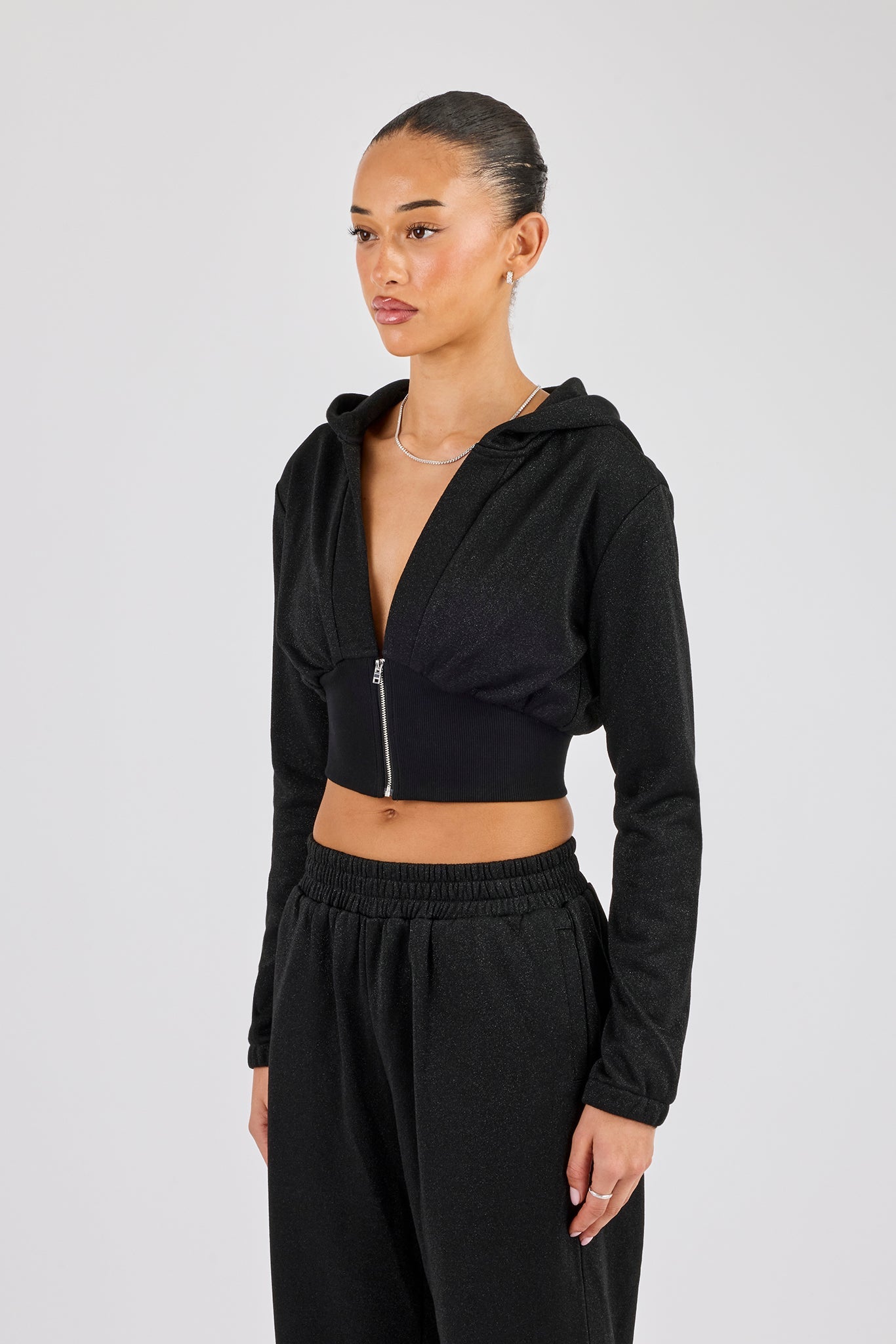 Glitter Fitted Cropped Hoodie - Black